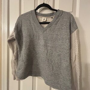 Cabi V-Neck Sweater in Heather Gray with Cream Sleeves
